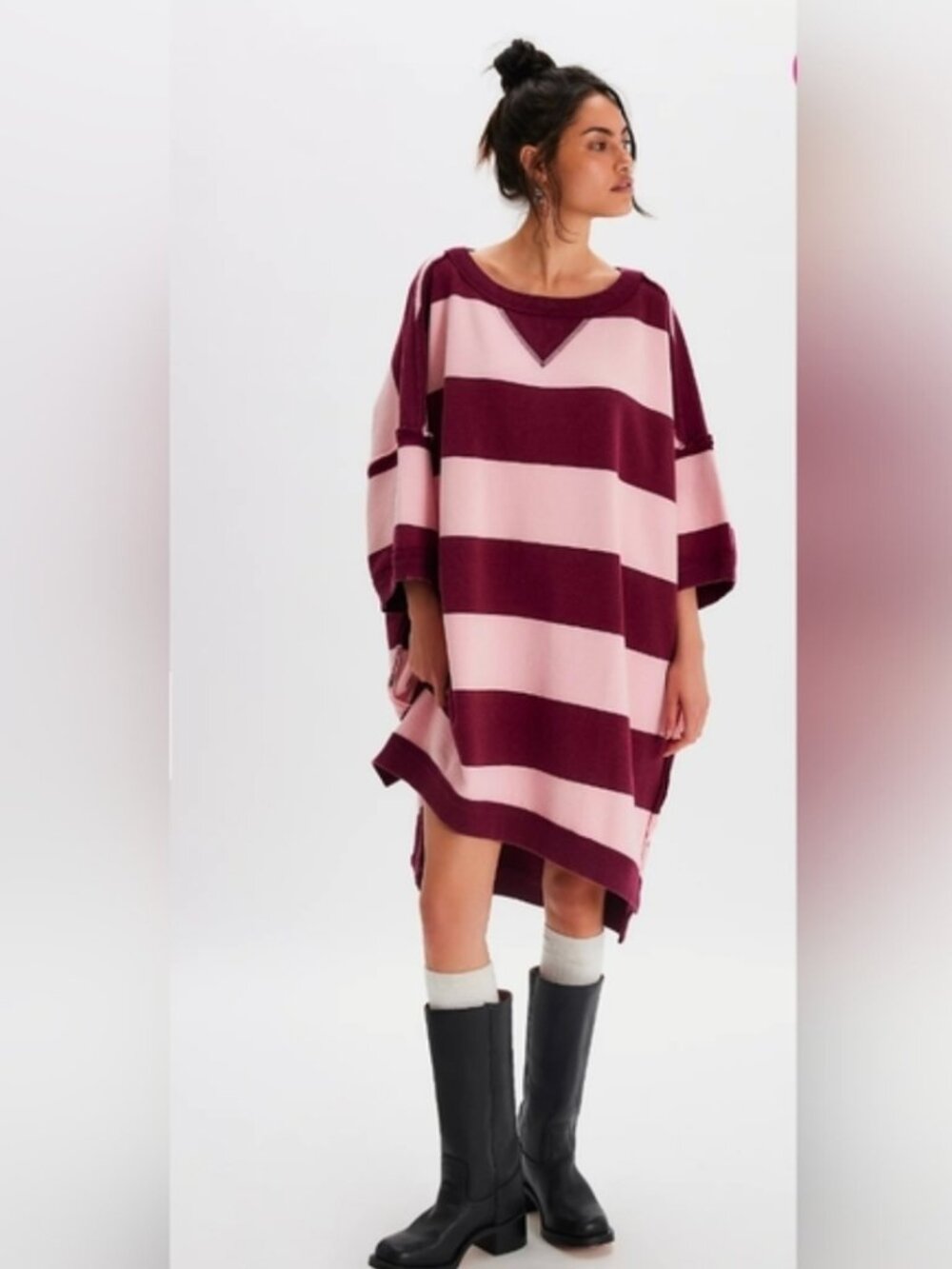 NWT Free People Out Here Oversized Striped Maxi Sweatshirt In Pink and Burgundy